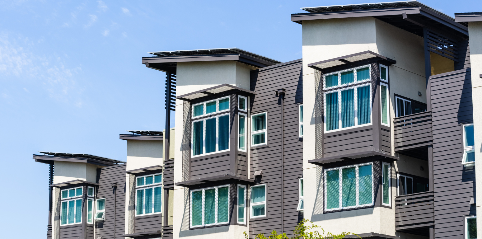 Exterior view of multifamily residential building; Menlo Park, San Francisco bay area, California